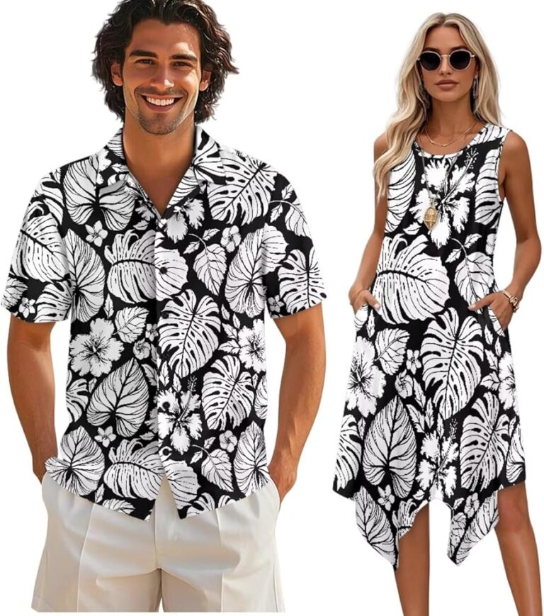 “Tropical Vibes for Two: Matching Hawaiian Couple Outfit”.